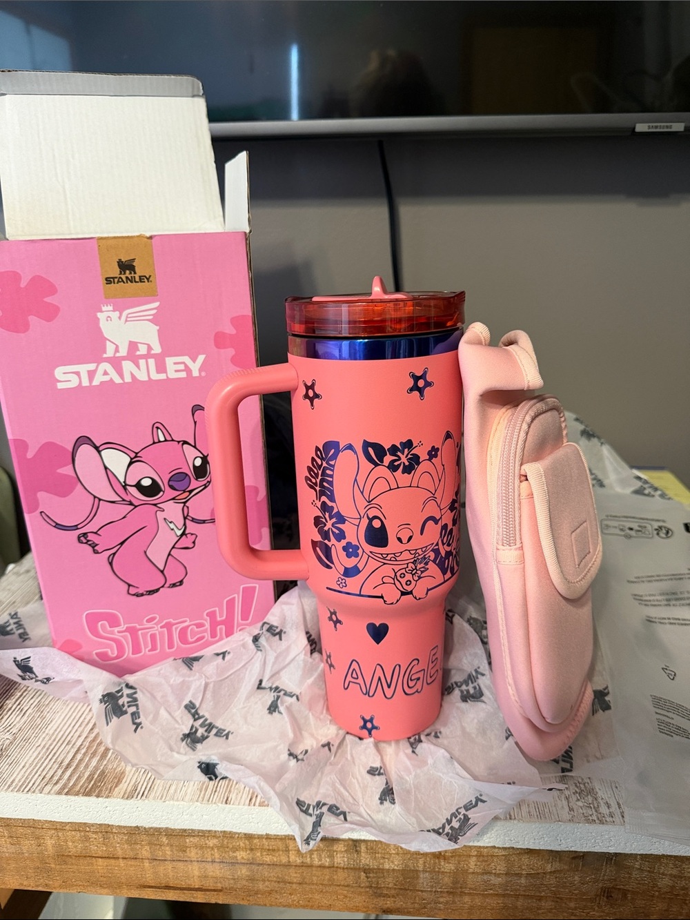 Stanley Pink Stitch Kids Travel Tumbler with Matching Light Pink Pouch